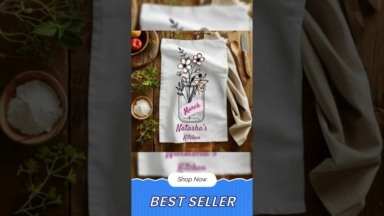 Housewarming Gift Towel Name Present for Kitchen Mason Jar Purple Flower Cooking Linen Custom Des...