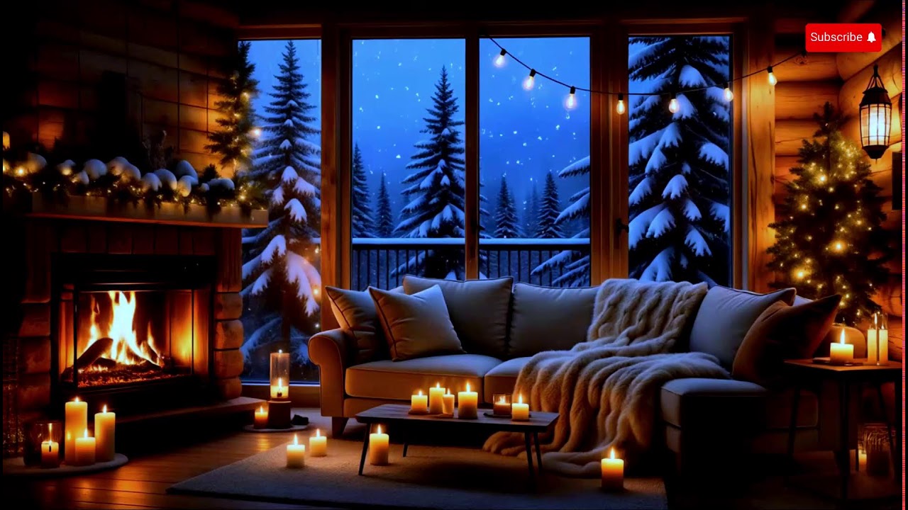 A Quiet Winter Night by the Fireplace | Cozy Cabin Jazz & Falling Snow