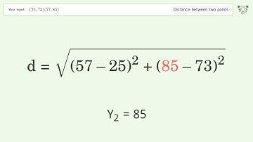Find the distance between two points p1 (25,73) and p2 (57,85): Step-by-Step Video Solution