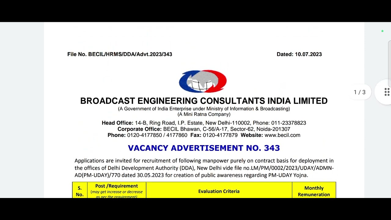 Broadcast Engineering Consultants India Limited Recruitment 2023! Field Assistant Recruitment 2023