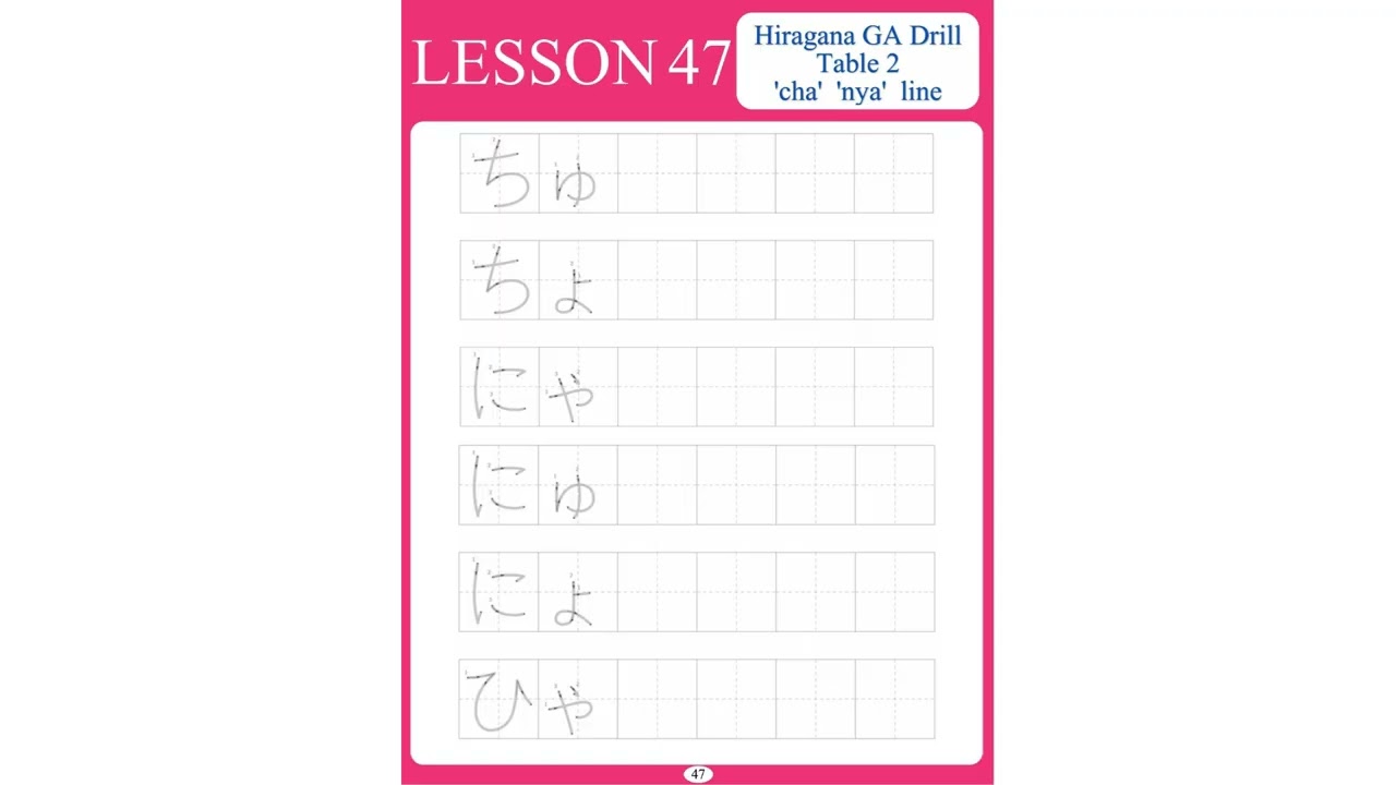 pg 47 hiragana GA drill table 2 cha nya line