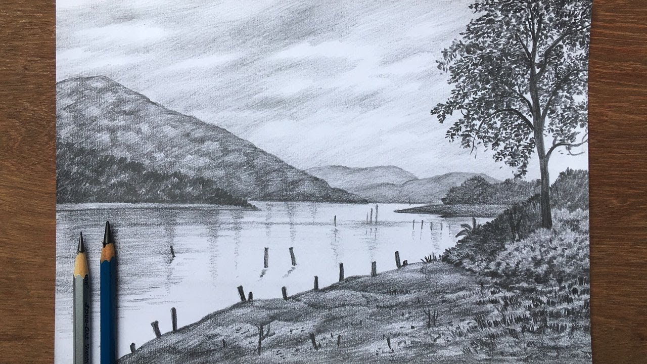 Scenery drawing in pencil pencil sketch landscape drawing - YouTube