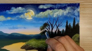 Full Moon Shining on The River / Acrylic Painting For Beginners