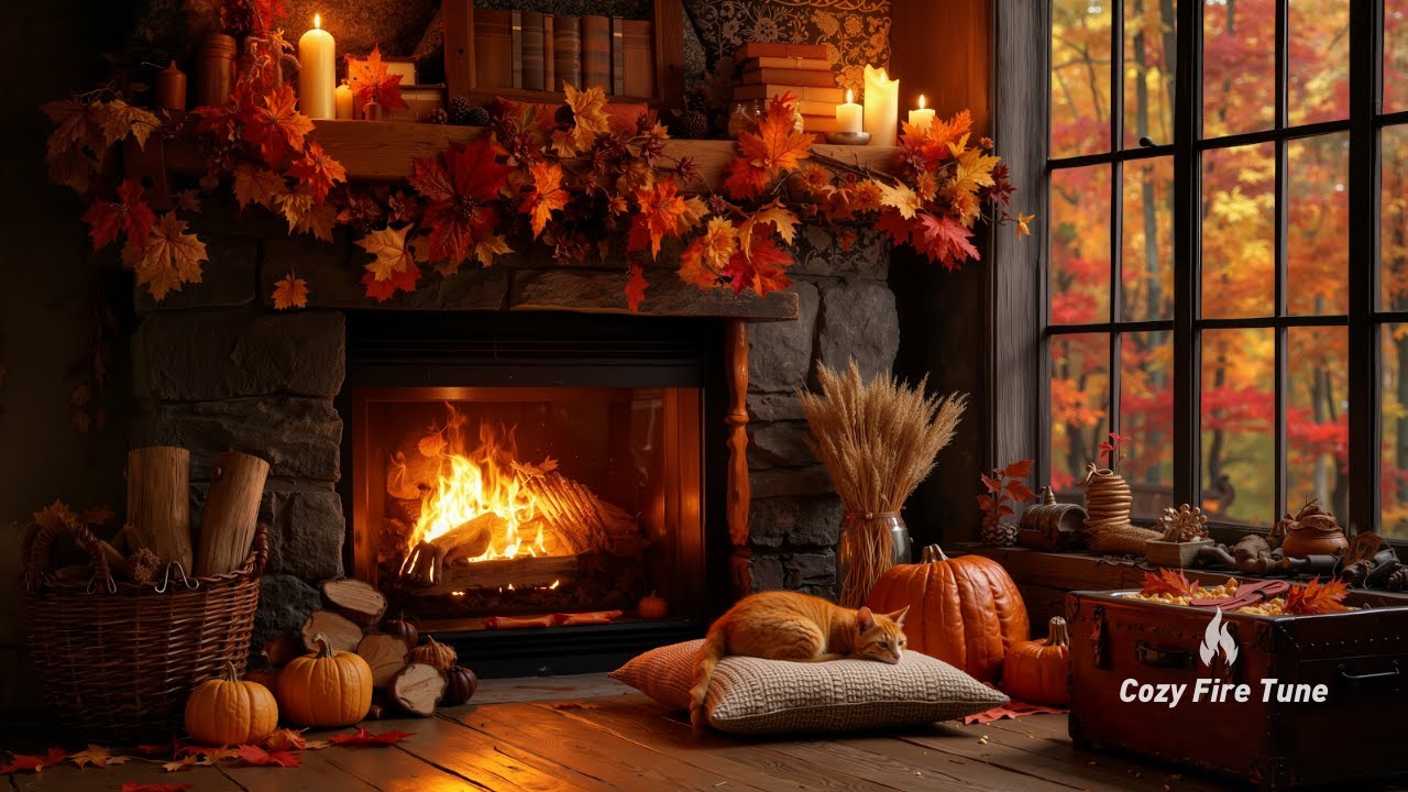 Осенняя Атмосфера Камина в Ноябре 🍂 Уютное Потрескивание Дров и Спокойный Пиано-Джаз для