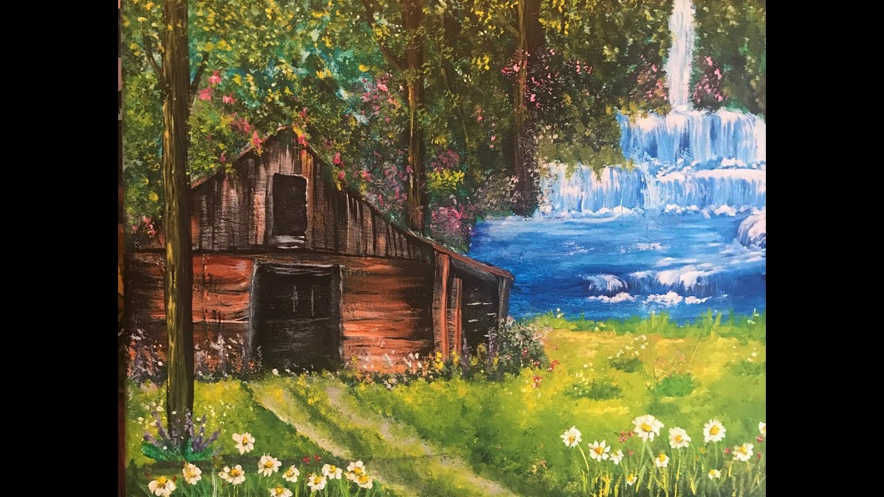 How to paint a Landscape "The Old Barn and Waterfalls" for Beginners ...