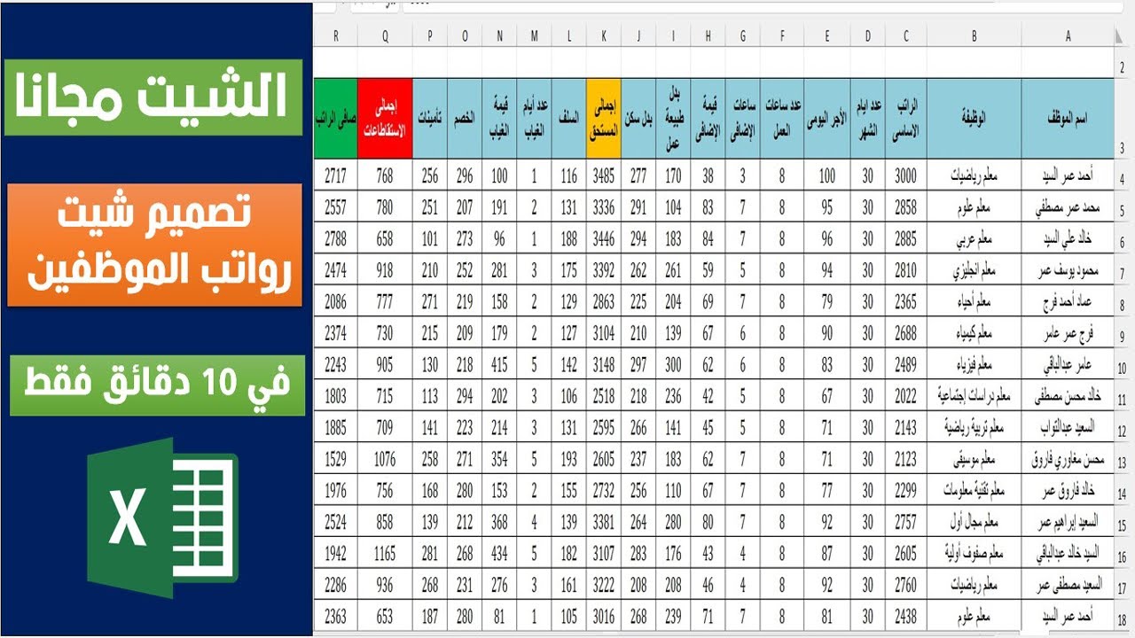 الشيت مجاناً - تصميم شيت رواتب الموظفين والعمال كاملاً بكافة المعادلات المطلوبة  في 10 دقائق فقط