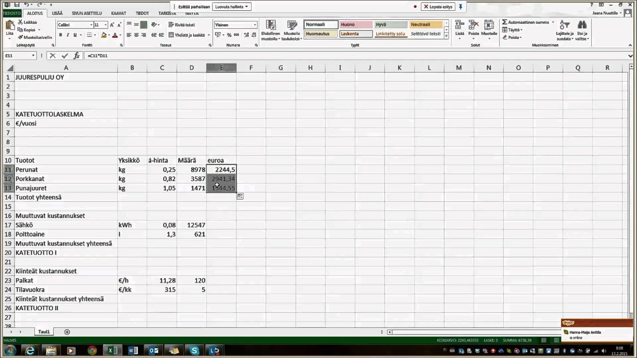 Yksinkertainen katetuottolaskelma Excelillä, osa 1