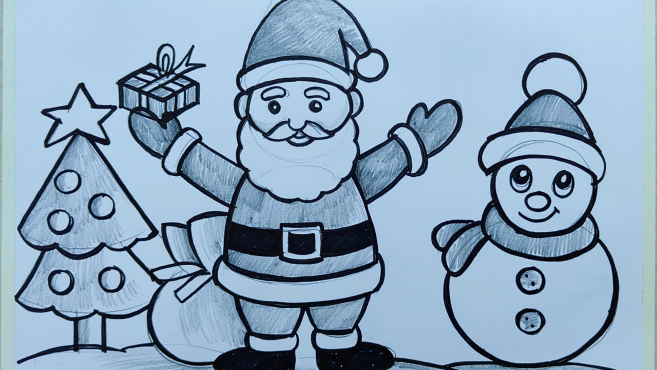 how to draw santa claus with christmas tree and snowma easy pencil ...