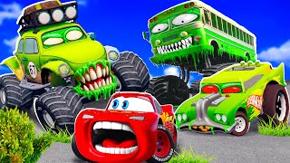 Big & Small:McQueen and Mater VS City Bus Zombie and Jack-Hammer ZOMBIE Trailer cars in BeamNG.drive