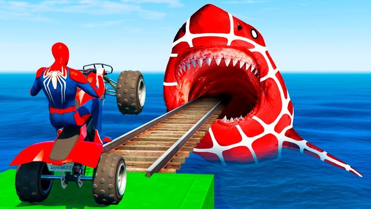 سبايدر مان اصعب دراجة نارية فوق اسماك القرش - Superheroes Ride on Motorcycle Stunt Funny Moments??