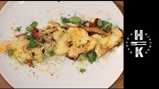 Easy Breakfast Sun blushed tomato, basil, chesnut mushroom egg white omelette with pea shoots and