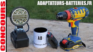 CONCOURS ADAPTATEURS-BATTERIE , perceuse visseuse PARKSIDE EDITION LIDL +  projecteur LED 102W etc 