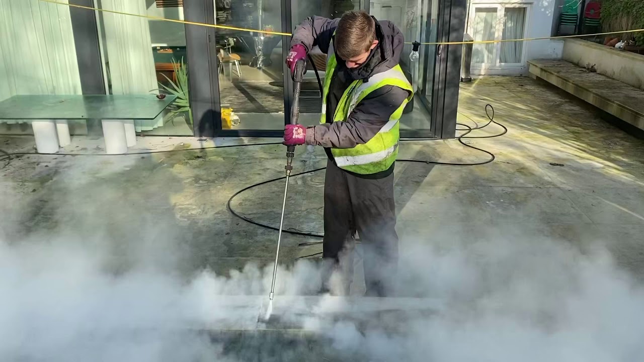 Doff steam cleaning natural stone patio in London/removing algae on