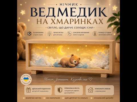 3D нічник "Ведмедик на хмаринках" натуральне дерево (LED, Акумулятор, USB Type-C), видео 1