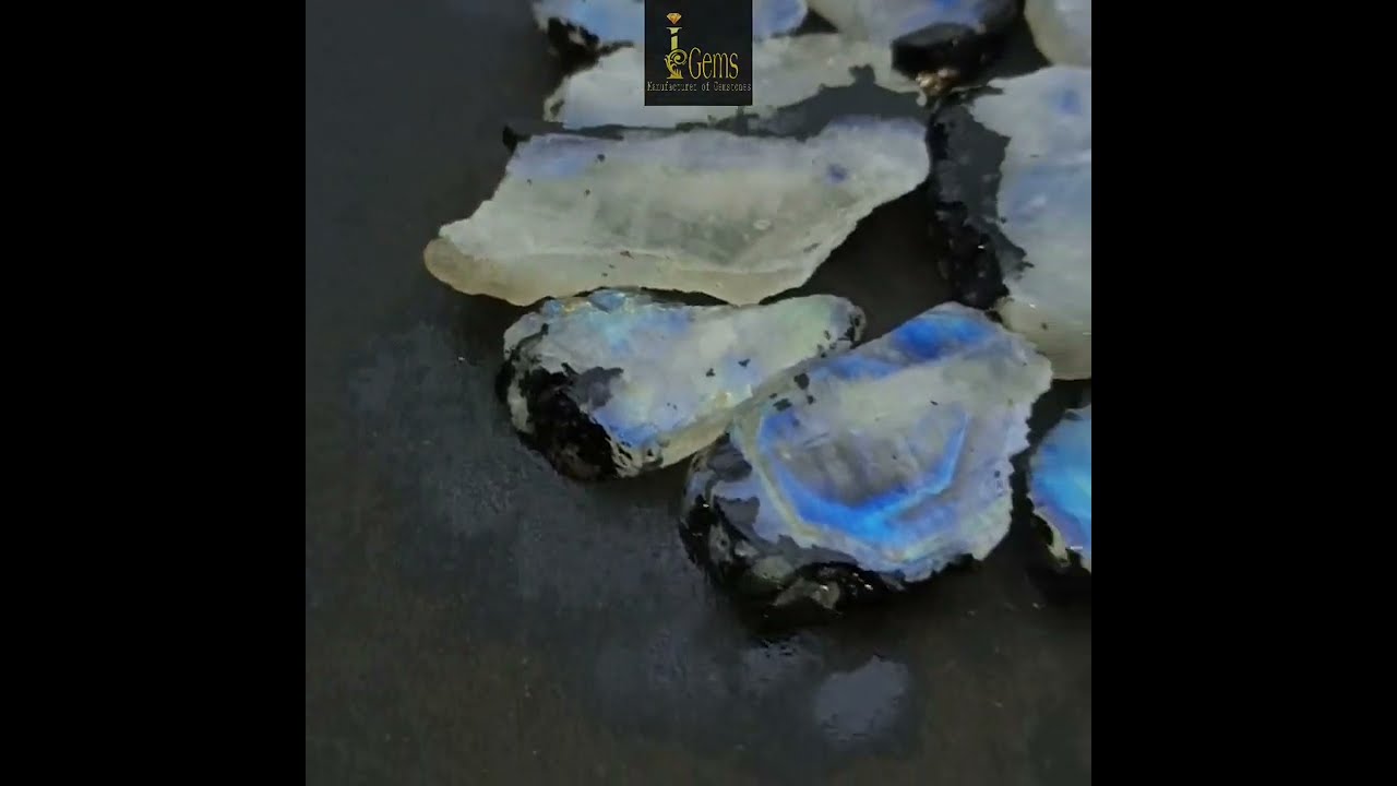 Natural Rainbow Moonstone With Black Tourmaline Rough/Slice/Slab Cabochon Gemstone