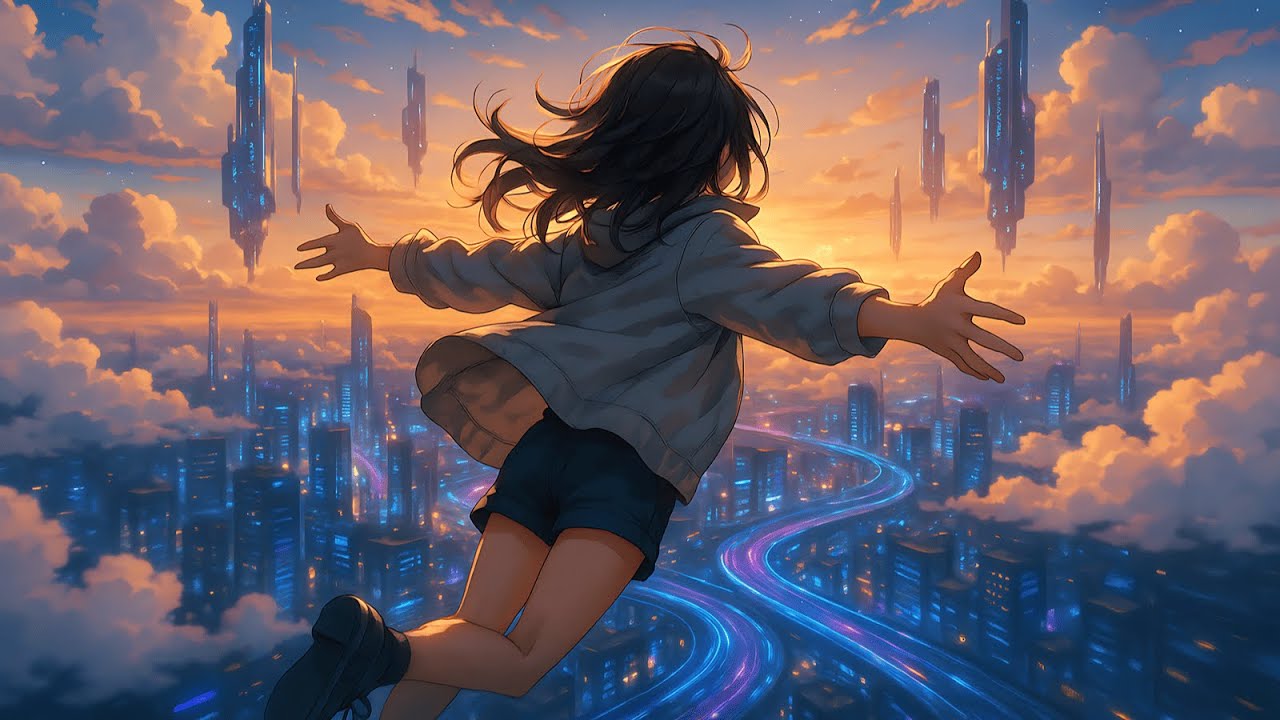 Dream Flight 🌌 | Futuristic Anime City Loop Through Neon Skies (Cinematic Ambience)