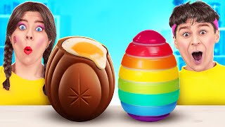 Desafío de comida de chocolate vs arcoíris | Huevo misterioso sorpresa por 123 GO! Challenge