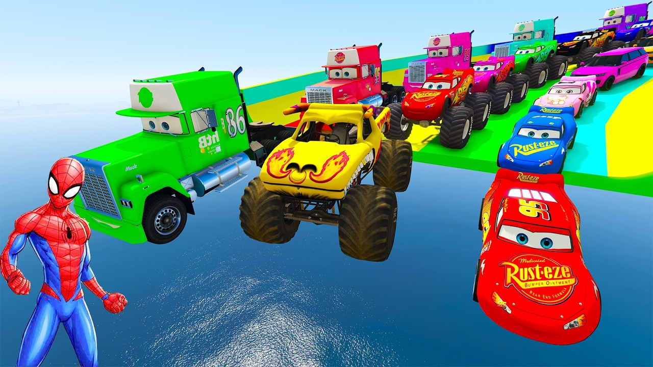 🚗 Spider-Man Mega Ramp Stunt Race – McQueen vs Mack Truck | GTA 5 Mods Challenge