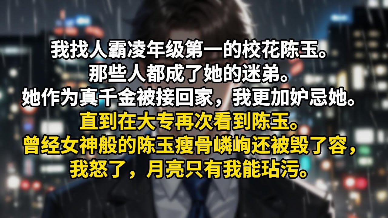 我找人霸凌年级第一的校花陈玉。那些人都成了她的迷弟。她作为真千金被接回家，我更加妒忌她。直到在大专再次看到陈玉。曾经女神般的陈玉瘦骨嶙峋还被毁了容，我怒了，月亮只有我能玷污。