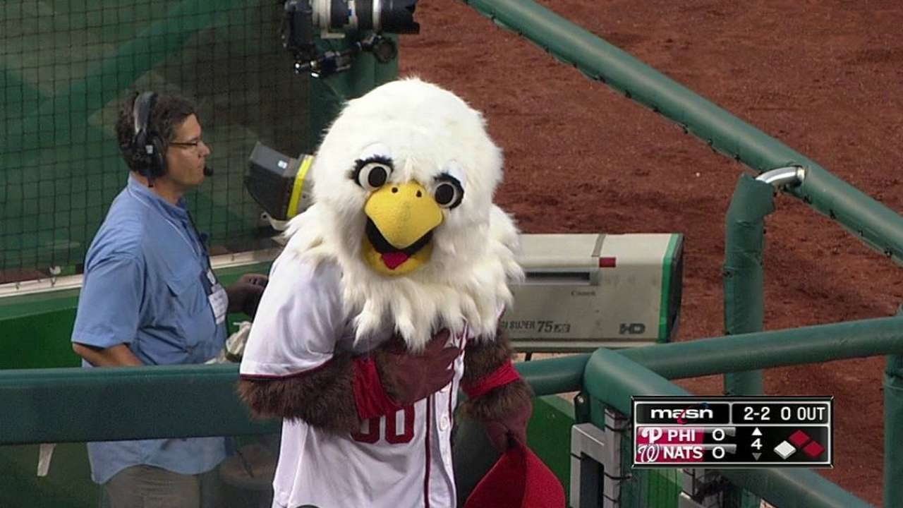 WASHINGTON, DC - APRIL 29: The Nationals bald eagle Mascot Screech dances  in his Cherry Blossom City Connect jersey and fedora hat during the  Pittsburgh Pirates versus Washington Nationals MLB game 2