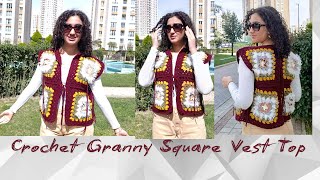 HOW TO CROCHET A GRANNY SQUARES VEST TOP | CROCHET BOHO STYLE VEST TUTORIAL | DIY