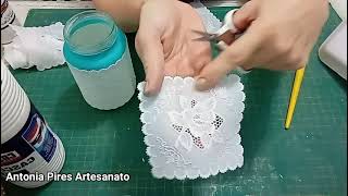 DIY IDEIA DE VIDRO DE PALMITO DECORADO COM TOALHA PLÁSTICA ( LINHOLENE)