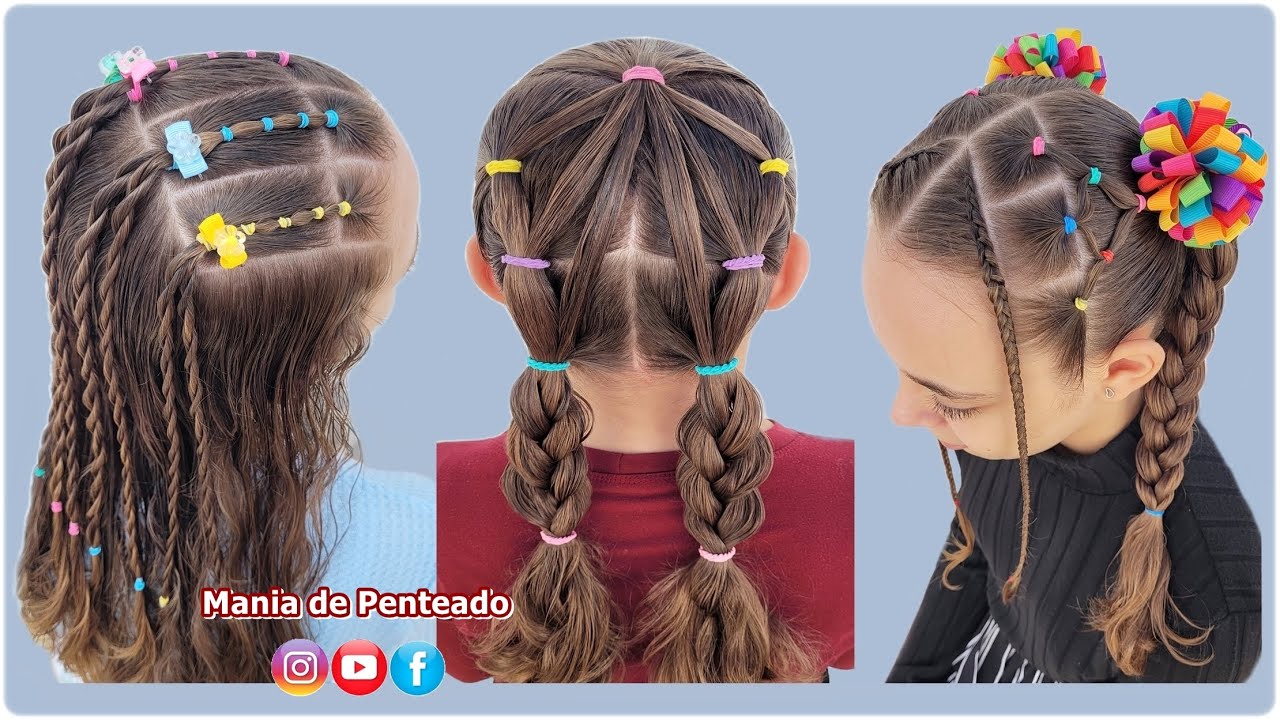3 Penteados com Elásticos para Meninas 😍| 3 Hairstyles with Rubber Bands for Little Girls 🥰🦋
