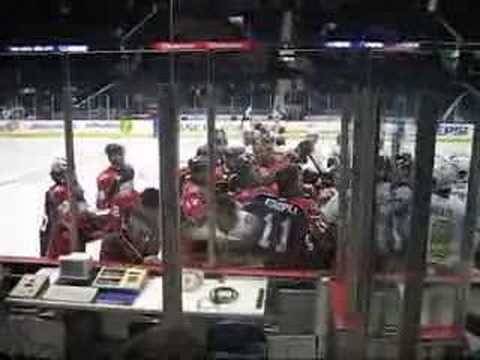 Before the regularly scheduled game between the Chicago Wolves and the Syracuse Crunch, during the pre-game warmup skate, while there were NO coaches in the arena and NO officials on the ice or in the scorer's area, there was a fight that broke out between both teams. It went unchecked for about 5 minutes. This video starts about 2 minutes into the scuffle. The gentleman you see at the very end is the Wolves General Manager Kevin Cheveldayoff.