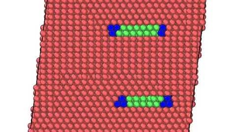 HCP crystal containing edge dislocations+cylindrical obstacle+shear stress