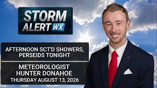 Scattered showers Thursday PM, Perseids tonight