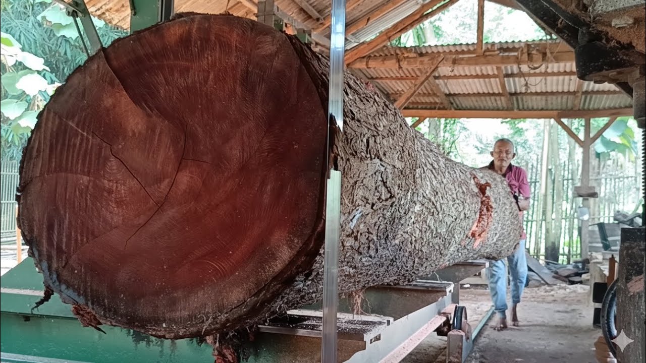 «Моменты раскалывания экзотической древесины с красным узором на лесопилке»