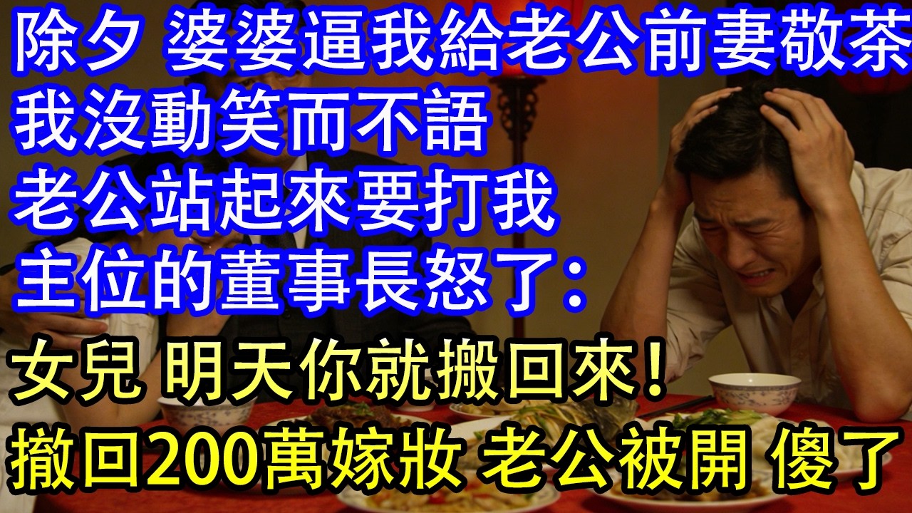 除夕 婆婆逼我給老公前妻敬茶我沒動笑而不語老公站起來要打我主位的董事長怒了：女兒 明天你就搬回來！撤回200萬嫁妝 老公被開 傻了