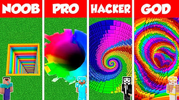 Minecraft Battle: NOOB vs PRO vs HACKER vs GOD: RAINBOW TUNNEL PIT HOUSE BUILD CHALLENGE / Animation