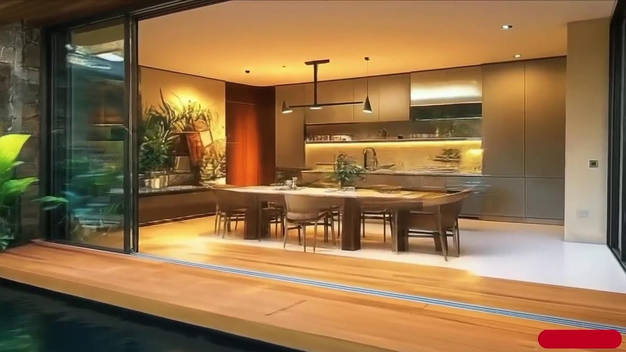 🛑 Modern Luxury Open Plan Kitchen and Dining Room with Indoor Waterfall Courtyard