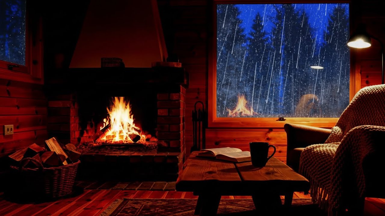 Calming Rain Sounds in The Forest with Cozy Fireplace | Cabin Sleep ...