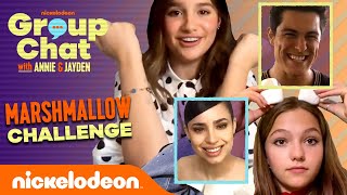 Sofia Carson and Wolfgang Novogratz Drop By for a MARSHMALLOW CHALLENGE! | Group Chat screenshot 4