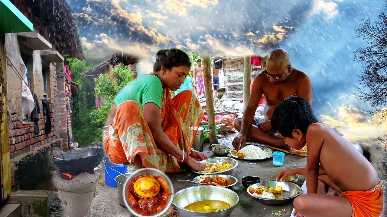 A Rainy Day - Heavy Rain And Non Stop Thunderstorm। Rice, Daal, Egg Curry Cooking in Mud Oven