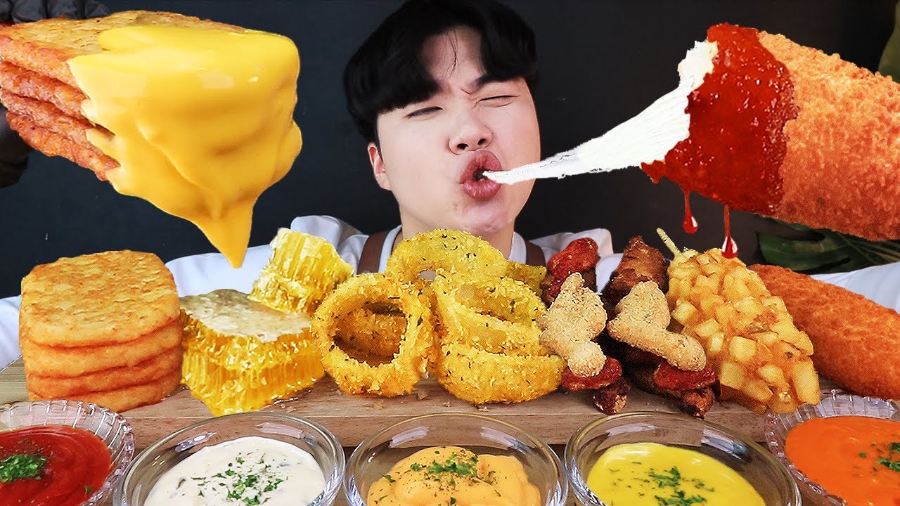ASMR MUKBANG 치즈 핫도그 & 해쉬브라운 & 어니언링 CHEESE HOT DOG & HASH BROWNS EATING SOUND!