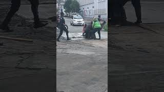 Multiple Guys Drag a Stuck Motorcyclist Out of Fresh Cement