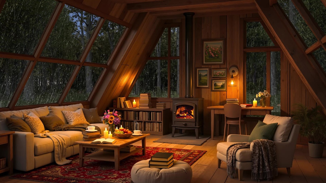 Cozy Attic Ambience - Soft Jazz Piano with Rain & Fireplace Sounds for Deep Relaxation