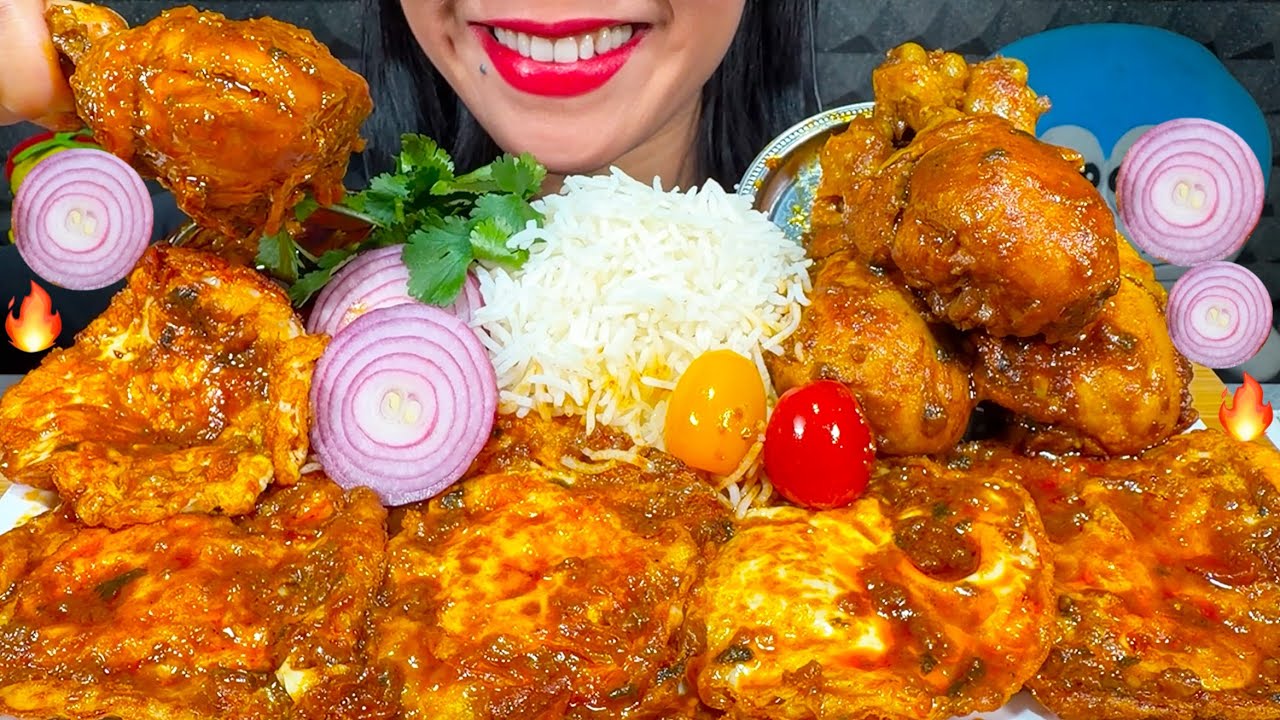 ASMR SPICY CHICKEN CURRY, FRIED EGG MASALA CURRY, BASMATI RICE MUKBANG MASSIVE Eating Sounds