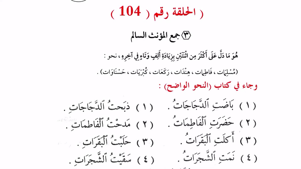 ١٠٤. جمع المؤنث السالم(الجمع بالألف والتاء المزيدتين) سهل يسير واضح/قدري محمد