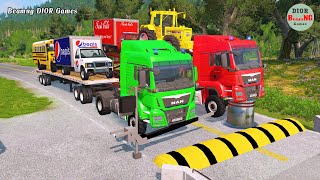 Double Flatbed Trailer Truck vs speed bumps|Busses vs speed bumps|Beamng Drive|840