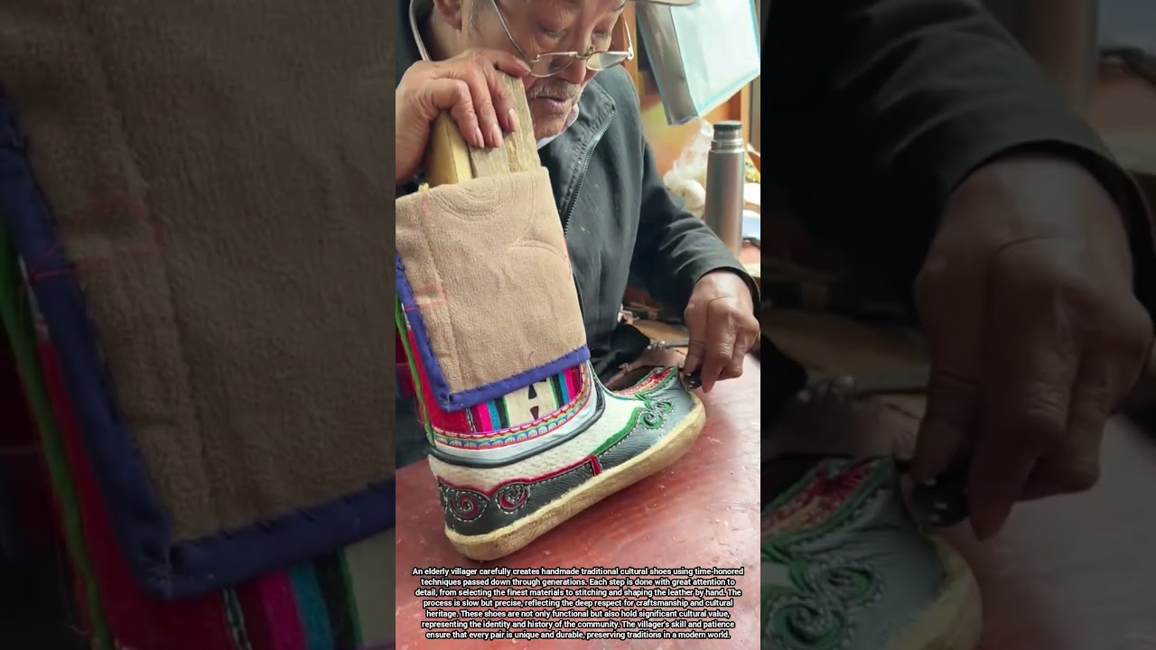 Elderly Villager Crafting Handmade Traditional Shoes Preserving Culture
