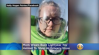Mom Wears Buzz Lightyear Toy Helmet To Shop At Grocery Store screenshot 2