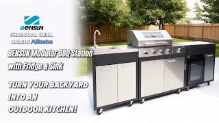 BENSUN Complete Outdoor Kitchen: Grill, Sink &amp; Fridge All-in-One | 90-Inch Modular BBQ Station