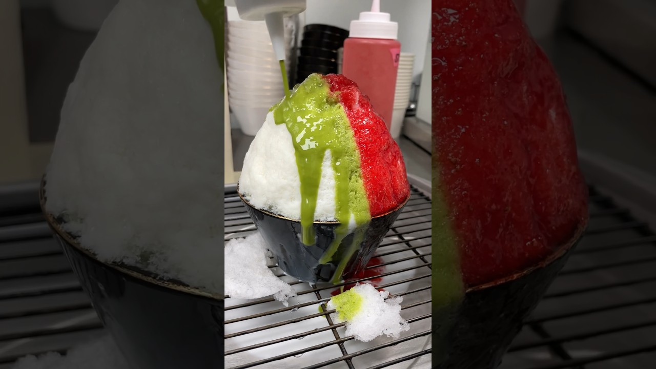 Condensed milk shaved ice with 1/2 strawberry 1/2 melon. Get this from Monday to Sunday cafe