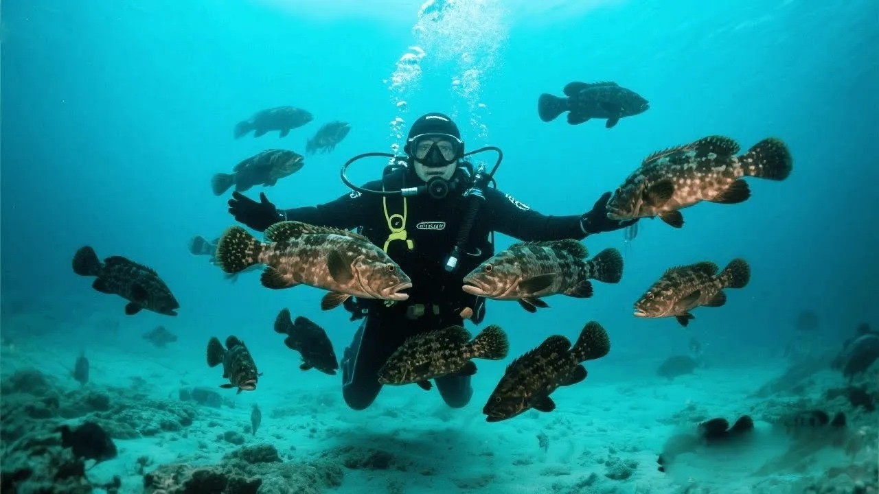 突發！阿鋒海底偶遇石斑魚群，使出壓箱底絶技，成功端掉石斑魚老巢#釣魚#潛水#海釣#捕魚