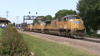 Union Pacific 8467 leads intermodal train. Rochelle IL train park
