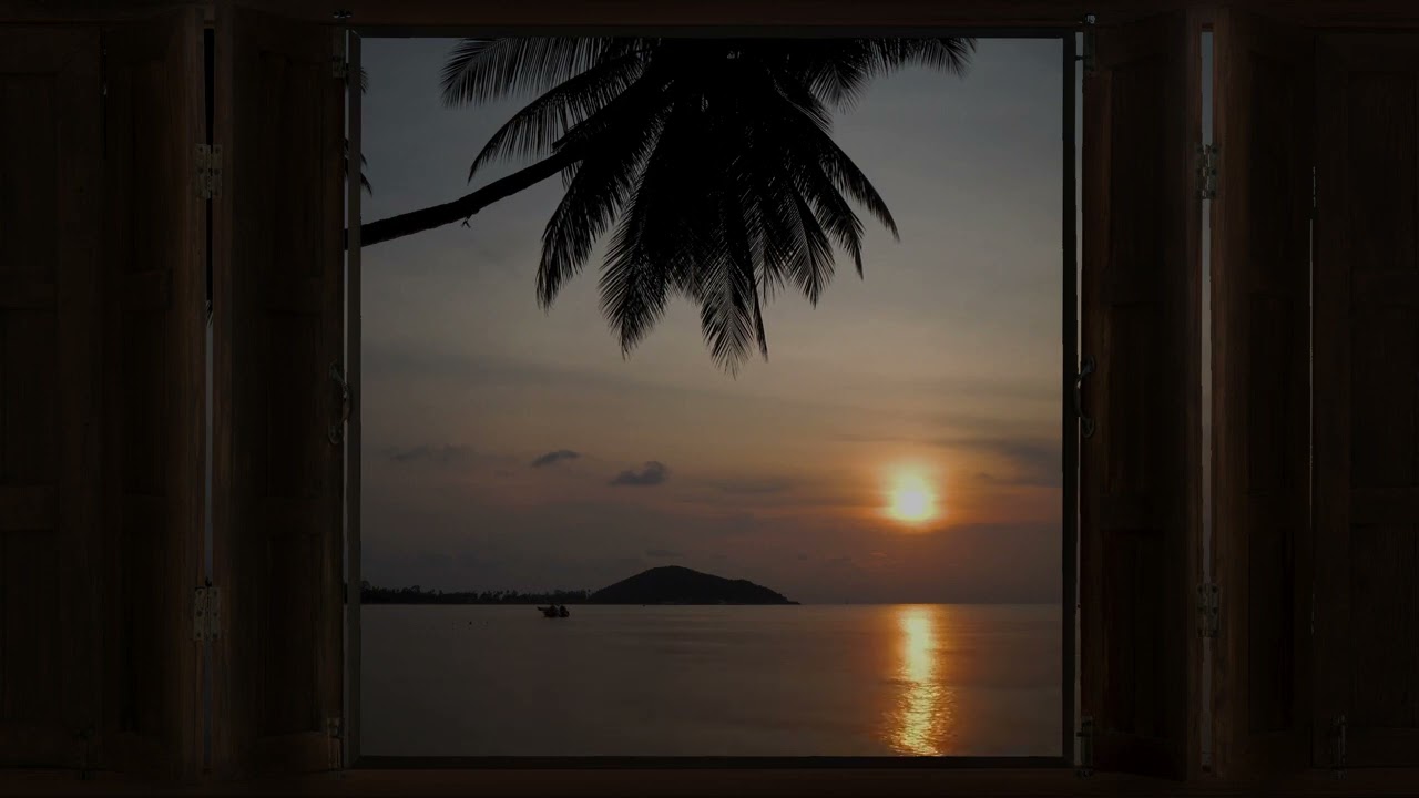 4K Tropical beach sundown window view - Relaxing, Calming, Ambience